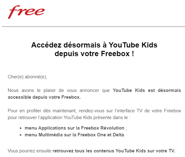 Mail envoy par Free pour annoncer YouTube Kids sur la Freebox